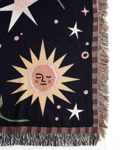 Moon & Sun Blanket: Gift for Her, Whimsical Personalized Baby Present, Black Yellow Celestial, Maximalist Unique Woven, Kids Teen Bedroom