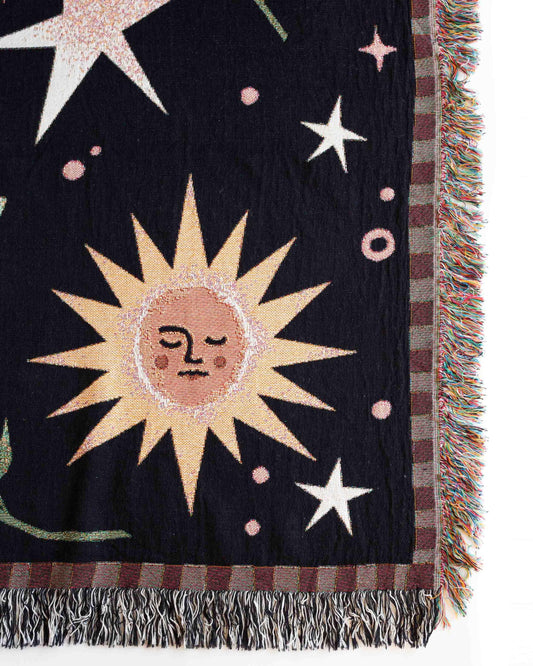 Moon & Sun Blanket: Gift for Her, Whimsical Personalized Baby Present, Black Yellow Celestial, Maximalist Unique Woven, Kids Teen Bedroom