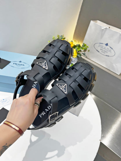 Prada Triangle Logo Woven Roman Sandals, Women Chunky Lug Sole Closed Toe Buckle Strap Platform Sandals