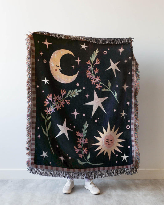 Moon & Sun Blanket: Gift for Her, Whimsical Personalized Baby Present, Black Yellow Celestial, Maximalist Unique Woven, Kids Teen Bedroom