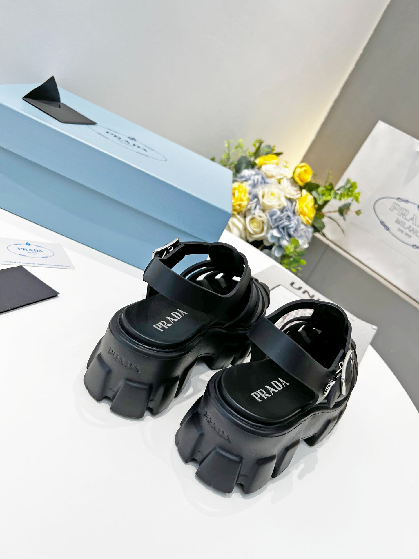 Prada Triangle Logo Woven Roman Sandals, Women Chunky Lug Sole Closed Toe Buckle Strap Platform Sandals