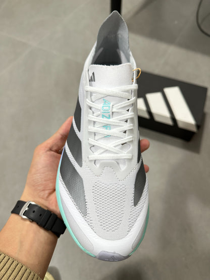 Adidas ADIZERO DRIVE RC (Cloud White / Silver Metallic / Blue Turquoise colorway)