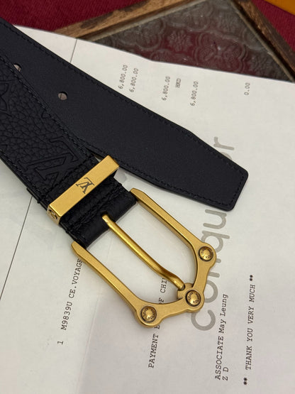 Black Grain Leather Men Belt Antique Gold Horseshoe Pin Buckle Casual Dress Belt
