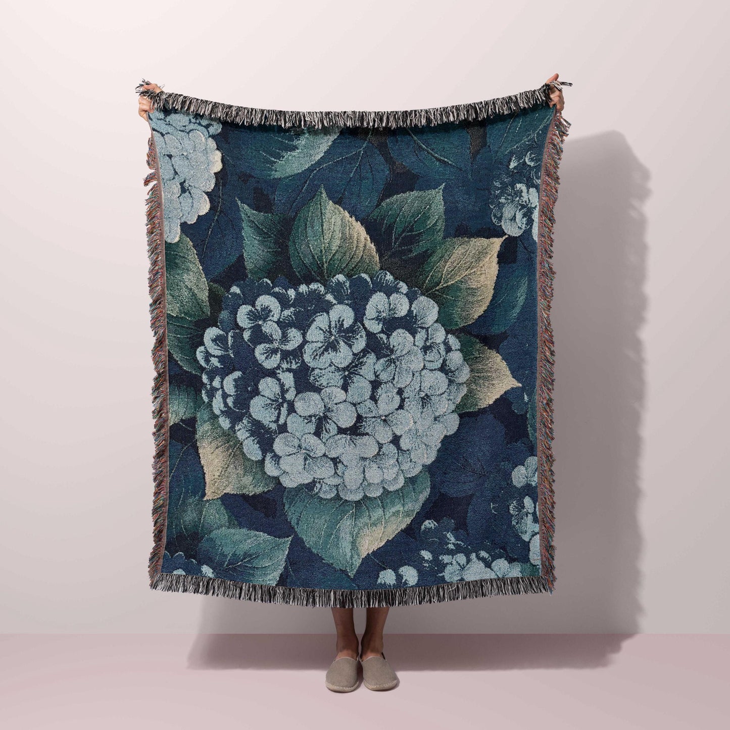 Blue Hydrangea Floral Throw Blanket, Cotton Country Cottage Woven Tapestry Decor Botanical, Grandmother Mother's Day Gift Blanket Gardener