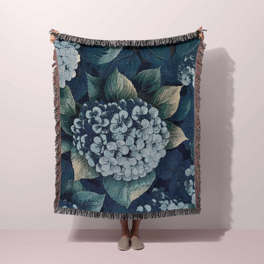 Blue Hydrangea Floral Throw Blanket, Cotton Country Cottage Woven Tapestry Decor Botanical, Grandmother Mother's Day Gift Blanket Gardener