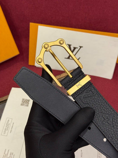 Black Grain Leather Men Belt Antique Gold Horseshoe Pin Buckle Casual Dress Belt