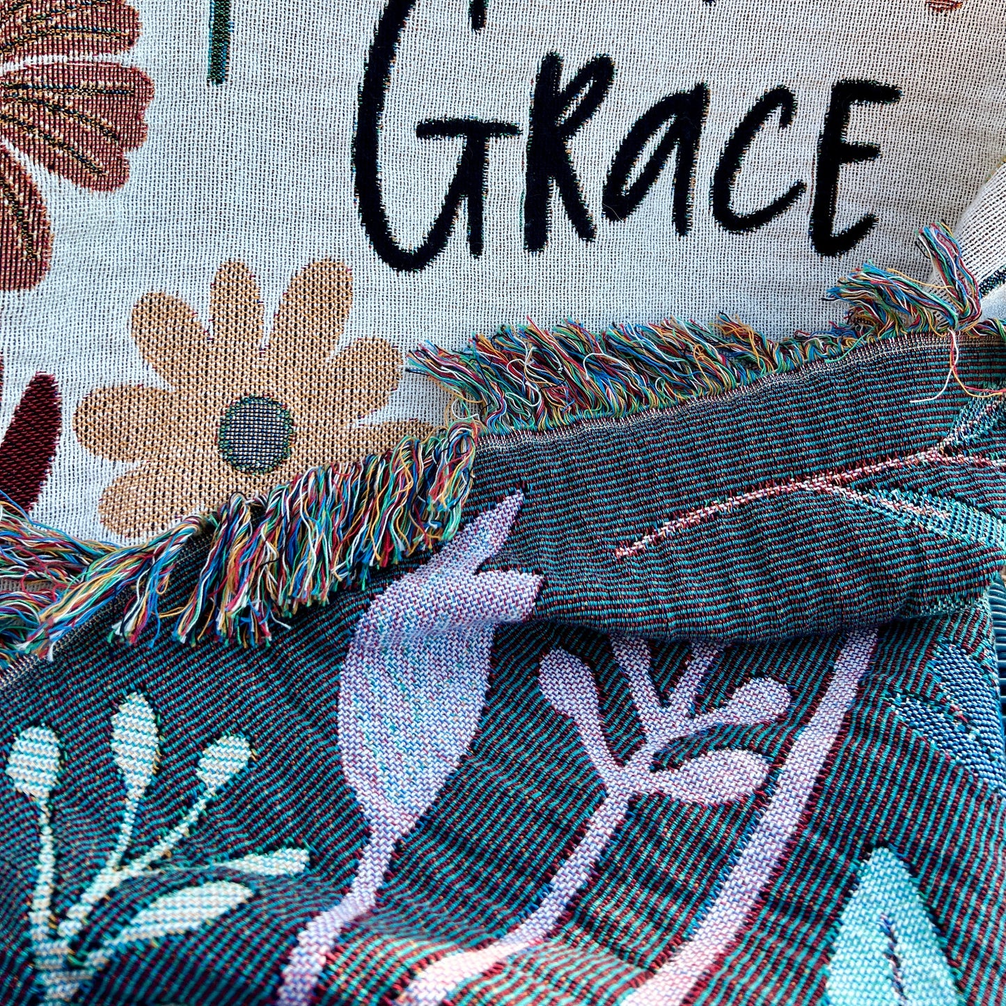 FLORAL Throw Blanket Wall Art Woven Tapestry, Grow in Grace Inspirational Quote, Christian Gift  Mom, Daughter, Sister, Niece Housewarming