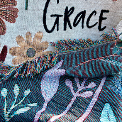 FLORAL Throw Blanket Wall Art Woven Tapestry, Grow in Grace Inspirational Quote, Christian Gift  Mom, Daughter, Sister, Niece Housewarming