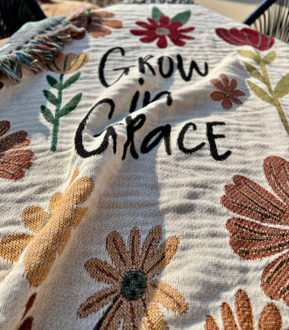 FLORAL Throw Blanket Wall Art Woven Tapestry, Grow in Grace Inspirational Quote, Christian Gift  Mom, Daughter, Sister, Niece Housewarming