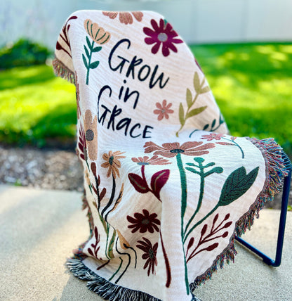 FLORAL Throw Blanket Wall Art Woven Tapestry, Grow in Grace Inspirational Quote, Christian Gift  Mom, Daughter, Sister, Niece Housewarming