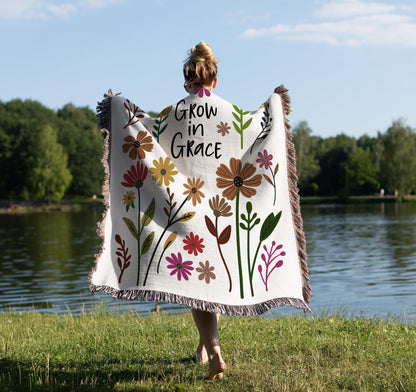 FLORAL Throw Blanket Wall Art Woven Tapestry, Grow in Grace Inspirational Quote, Christian Gift  Mom, Daughter, Sister, Niece Housewarming