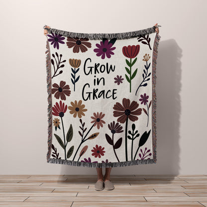 FLORAL Throw Blanket Wall Art Woven Tapestry, Grow in Grace Inspirational Quote, Christian Gift  Mom, Daughter, Sister, Niece Housewarming