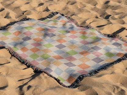Cotton Woven Blanket, Rainbow Checkered, Modern Bed Throw, Retro Cozy Sofa Blanket, Boho Nursery Decor, Baby Shower Gift