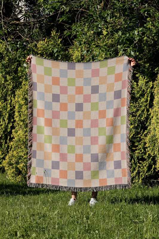 Cotton Woven Blanket, Rainbow Checkered, Modern Bed Throw, Retro Cozy Sofa Blanket, Boho Nursery Decor, Baby Shower Gift