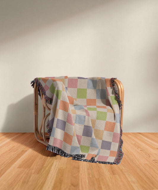 Cotton Woven Blanket, Rainbow Checkered, Modern Bed Throw, Retro Cozy Sofa Blanket, Boho Nursery Decor, Baby Shower Gift