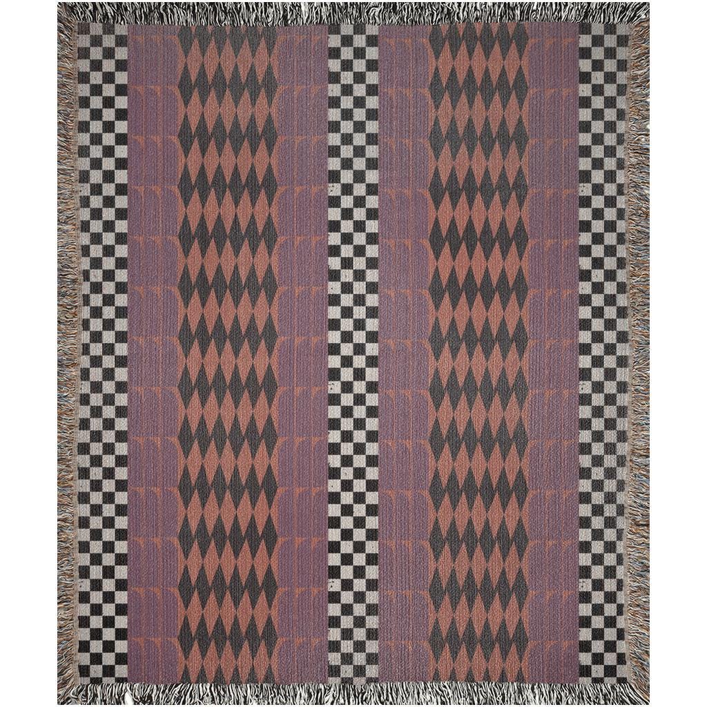 Checker And Diamonds Purple And Orange Boho Woven Cotton Throw Blankets