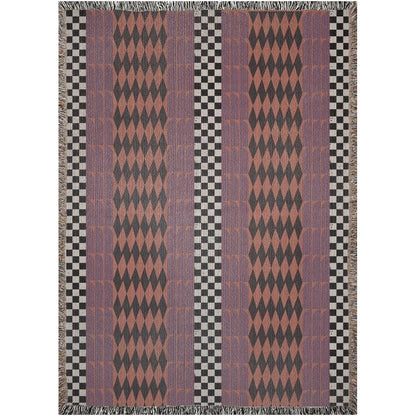 Checker And Diamonds Purple And Orange Boho Woven Cotton Throw Blankets