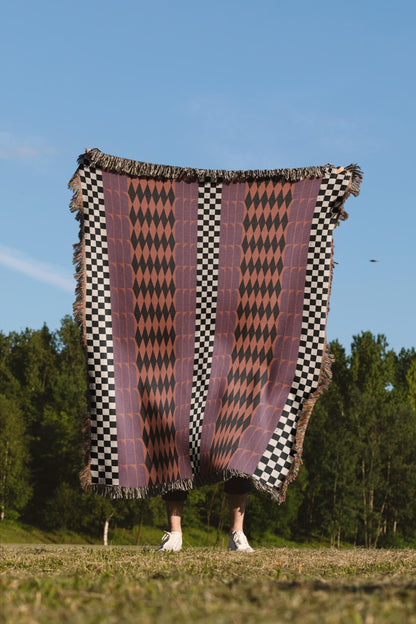 Checker And Diamonds Purple And Orange Boho Woven Cotton Throw Blankets