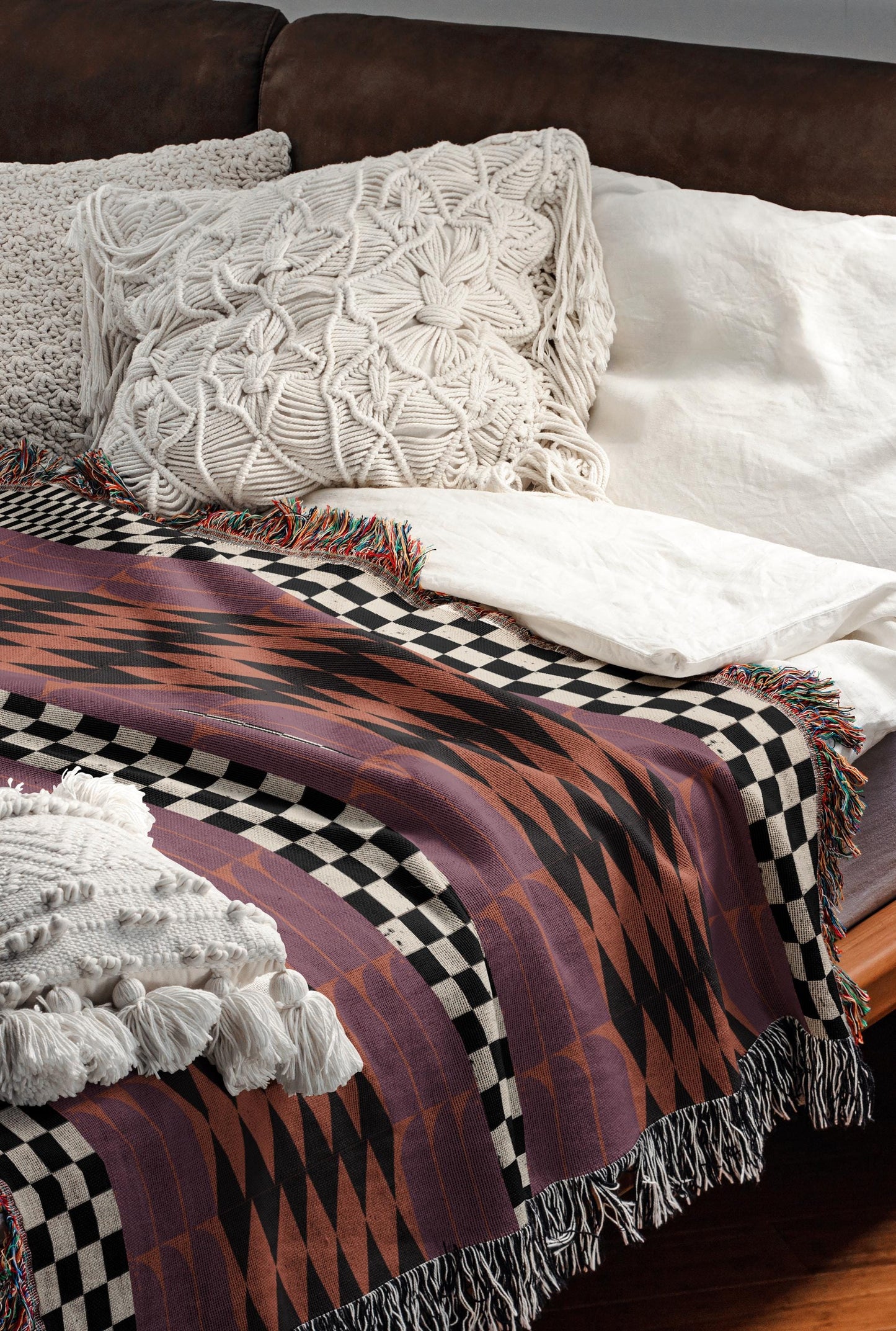 Checker And Diamonds Purple And Orange Boho Woven Cotton Throw Blankets