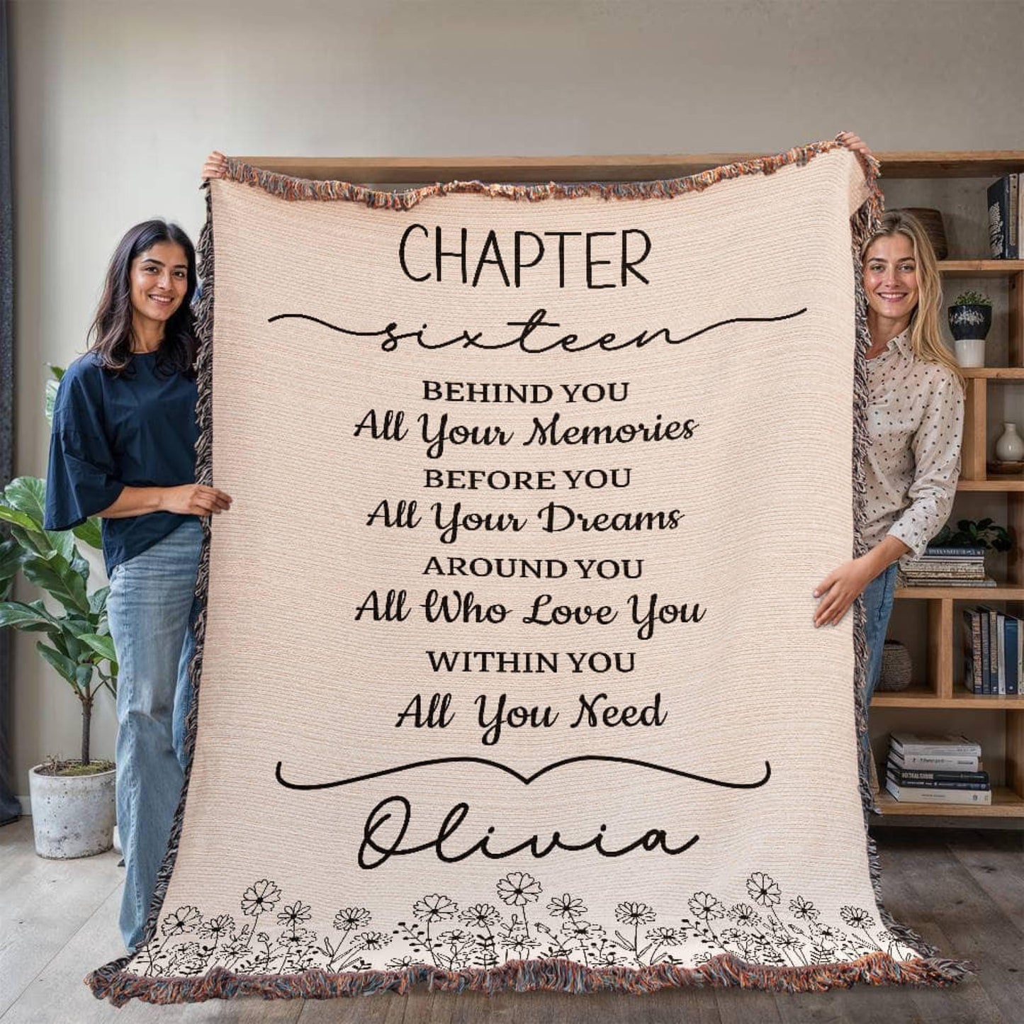 16th Birthday Gift Personalized Woven Blanket, Custom Name Cotton Throw, Sweet 16 Gifts Tapestry for Daughter Girl Boy Best Friend Besti V13
