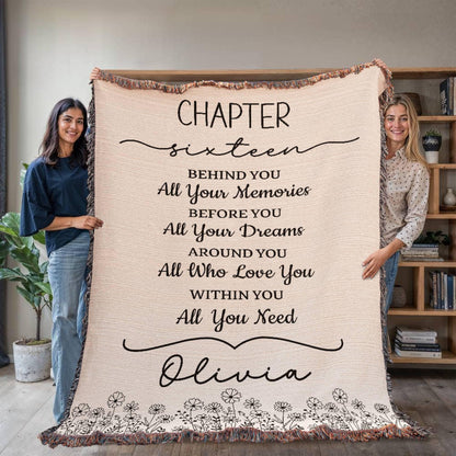 16th Birthday Gift Personalized Woven Blanket, Custom Name Cotton Throw, Sweet 16 Gifts Tapestry for Daughter Girl Boy Best Friend Besti V13