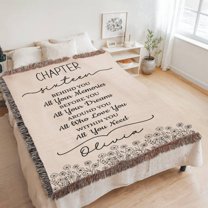 16th Birthday Gift Personalized Woven Blanket, Custom Name Cotton Throw, Sweet 16 Gifts Tapestry for Daughter Girl Boy Best Friend Besti V13
