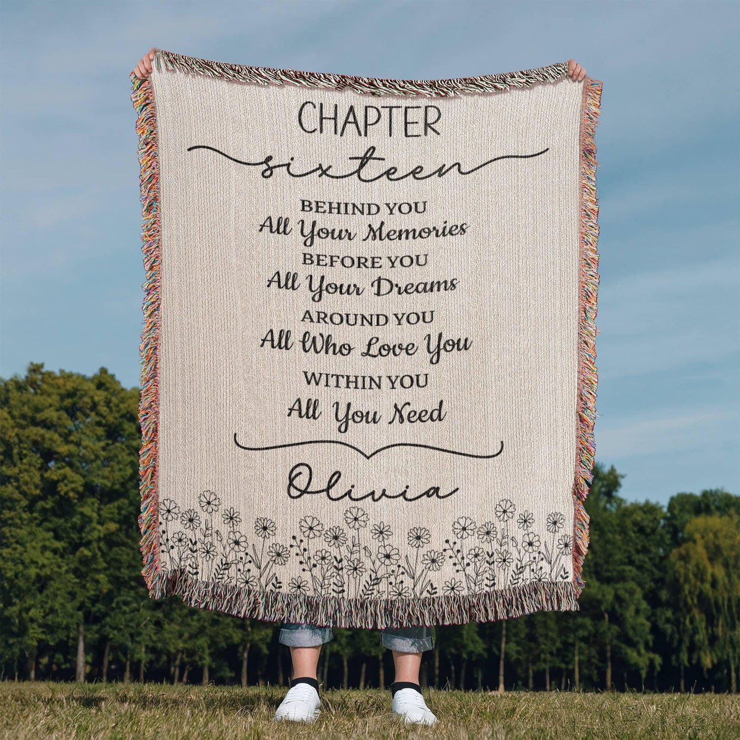 16th Birthday Gift Personalized Woven Blanket, Custom Name Cotton Throw, Sweet 16 Gifts Tapestry for Daughter Girl Boy Best Friend Besti V13