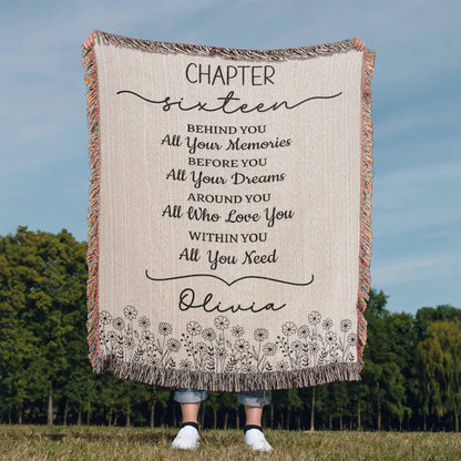 16th Birthday Gift Personalized Woven Blanket, Custom Name Cotton Throw, Sweet 16 Gifts Tapestry for Daughter Girl Boy Best Friend Besti V13