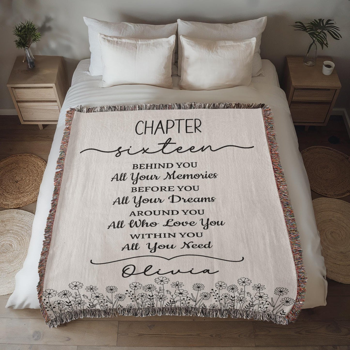 16th Birthday Gift Personalized Woven Blanket, Custom Name Cotton Throw, Sweet 16 Gifts Tapestry for Daughter Girl Boy Best Friend Besti V13