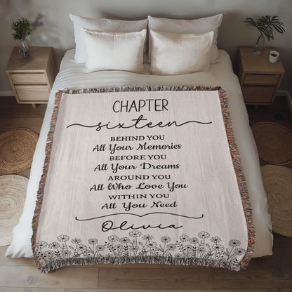 16th Birthday Gift Personalized Woven Blanket, Custom Name Cotton Throw, Sweet 16 Gifts Tapestry for Daughter Girl Boy Best Friend Besti V13