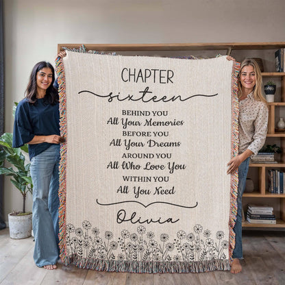 16th Birthday Gift Personalized Woven Blanket, Custom Name Cotton Throw, Sweet 16 Gifts Tapestry for Daughter Girl Boy Best Friend Besti V13