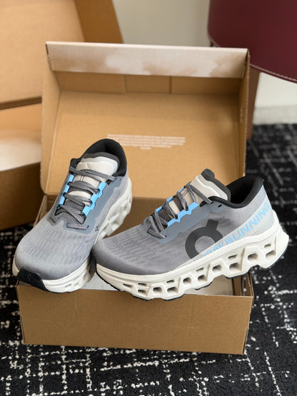 On Cloudmonster Grey Light Blue Shock Absorbing Sport Shoes Breathable Mesh Athletic Trainers