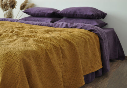 Ochre waffle linen coverlet Softened linen Heavy weight Twin Full Double Queen King California King, Custom size bed cover