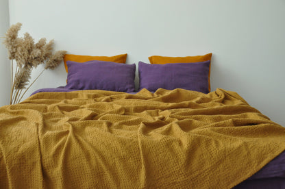 Ochre waffle linen coverlet Softened linen Heavy weight Twin Full Double Queen King California King, Custom size bed cover