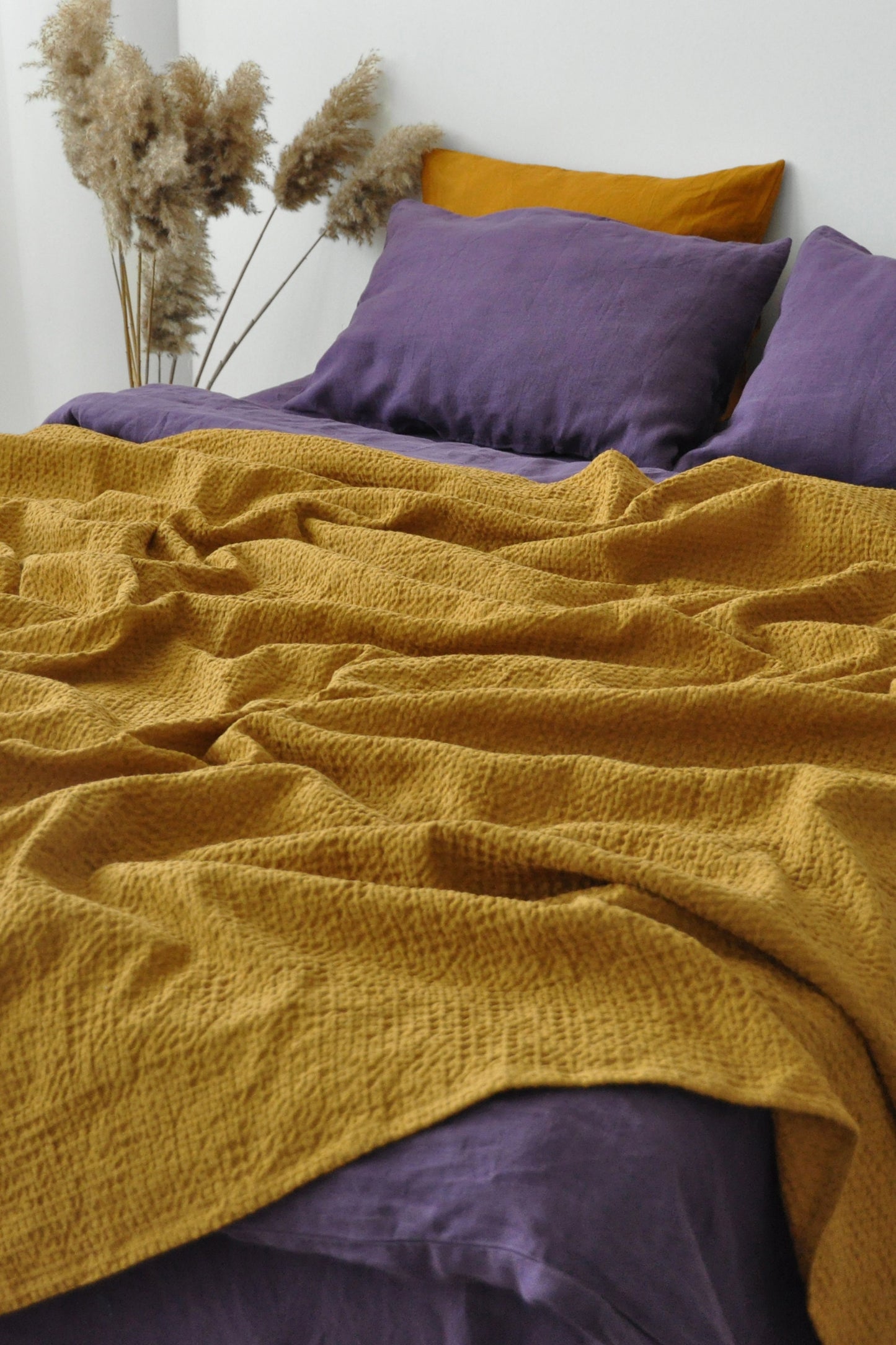 Ochre waffle linen coverlet Softened linen Heavy weight Twin Full Double Queen King California King, Custom size bed cover