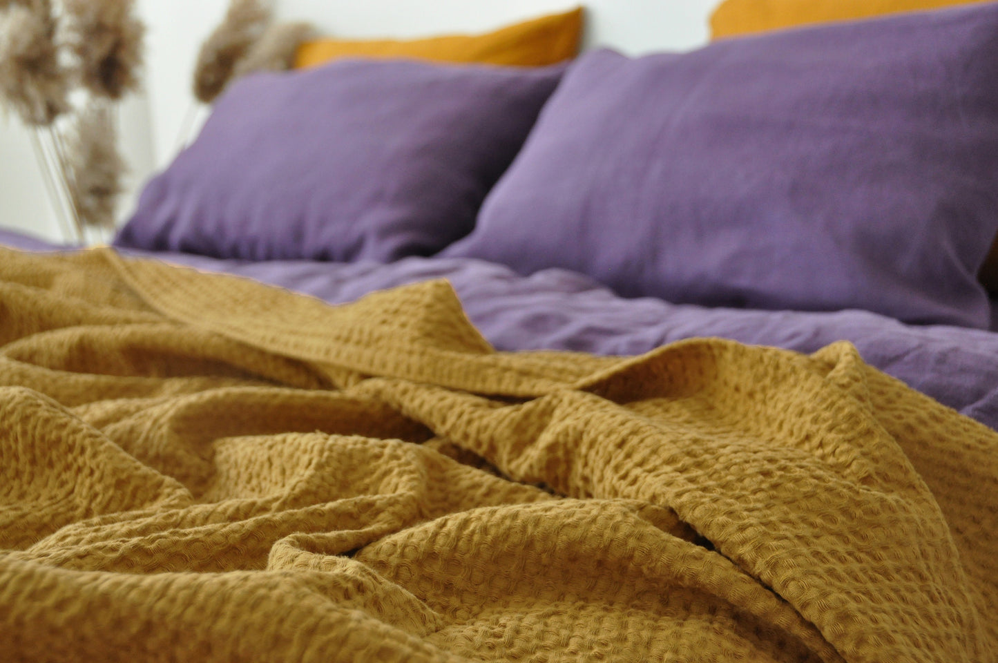 Ochre waffle linen coverlet Softened linen Heavy weight Twin Full Double Queen King California King, Custom size bed cover