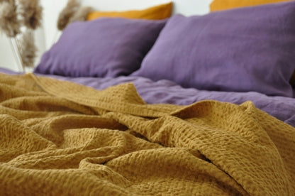 Ochre waffle linen coverlet Softened linen Heavy weight Twin Full Double Queen King California King, Custom size bed cover