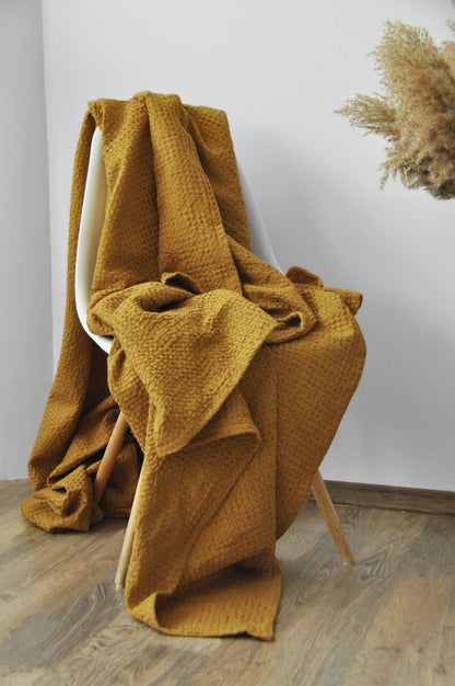 Ochre waffle linen coverlet Softened linen Heavy weight Twin Full Double Queen King California King, Custom size bed cover