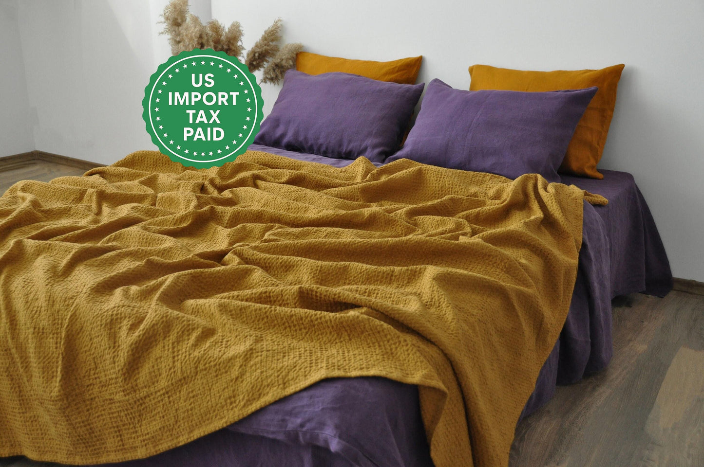 Ochre waffle linen coverlet Softened linen Heavy weight Twin Full Double Queen King California King, Custom size bed cover