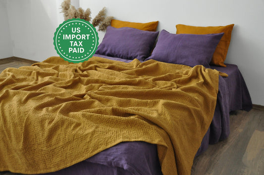 Ochre waffle linen coverlet Softened linen Heavy weight Twin Full Double Queen King California King, Custom size bed cover