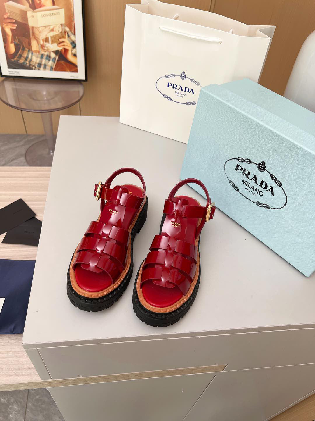 Prada Monolith Red Patent Leather Fisherman Platform Sandals