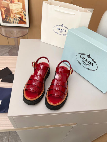 Prada Monolith Red Patent Leather Fisherman Platform Sandals