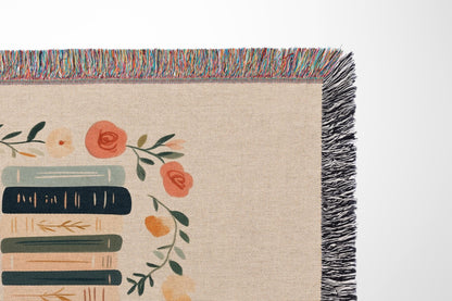 Custom Book Lovers Woven Blanket, Wildflowers Bookish Blanket, Bookshelf Blanket Gift for Bookworm, Gift for Booklover Woven Thow Blanket
