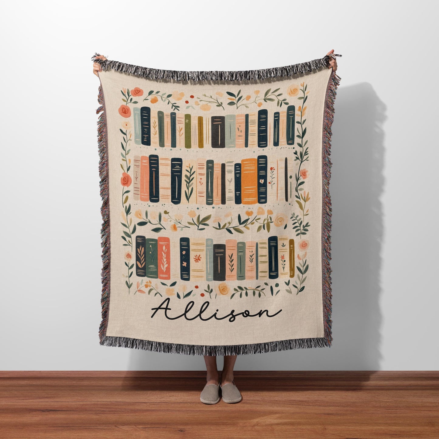 Custom Book Lovers Woven Blanket, Wildflowers Bookish Blanket, Bookshelf Blanket Gift for Bookworm, Gift for Booklover Woven Thow Blanket
