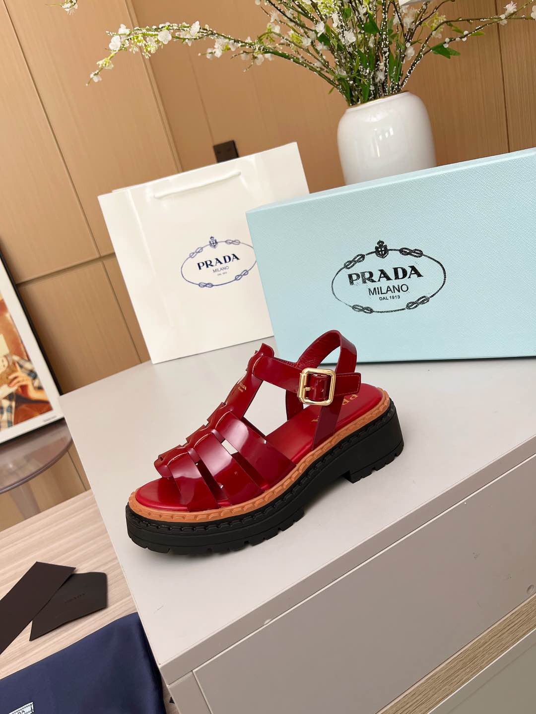 Prada Monolith Red Patent Leather Fisherman Platform Sandals