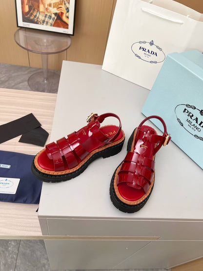 Prada Monolith Red Patent Leather Fisherman Platform Sandals