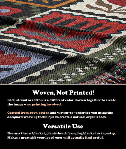 Country Botanical Woven Blanket | Folk Motif Tapestry Throw Blanket | Cottagecore Vintage Farmhouse Home Decor