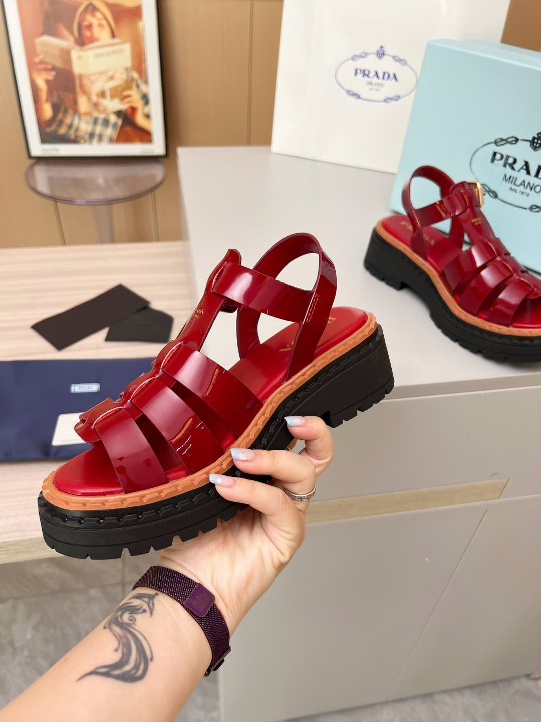 Prada Monolith Red Patent Leather Fisherman Platform Sandals