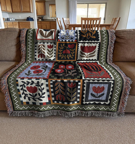 Country Botanical Woven Blanket | Folk Motif Tapestry Throw Blanket | Cottagecore Vintage Farmhouse Home Decor