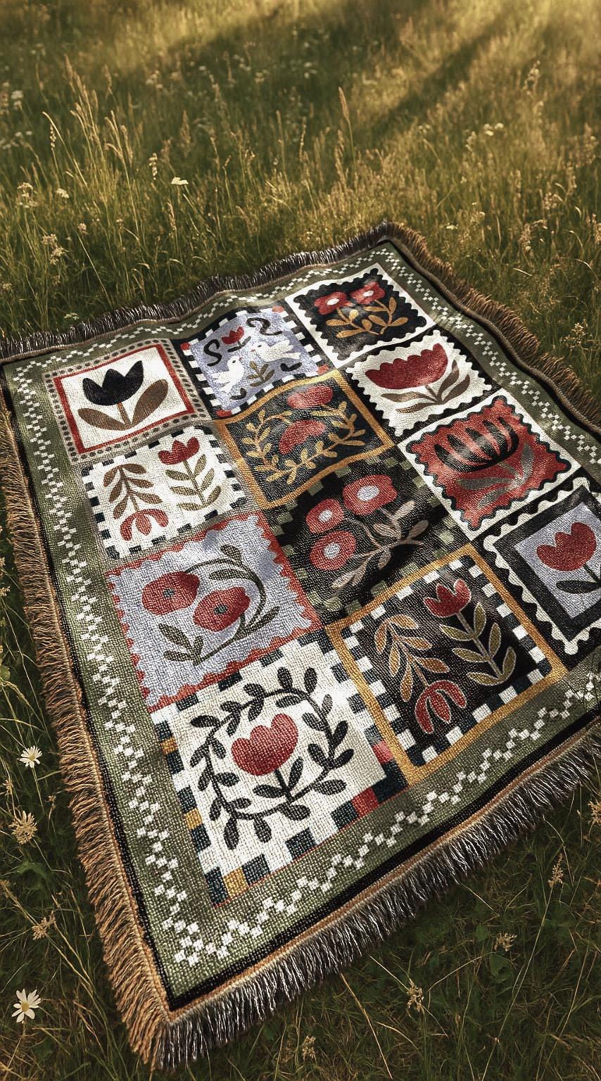 Country Botanical Woven Blanket | Folk Motif Tapestry Throw Blanket | Cottagecore Vintage Farmhouse Home Decor
